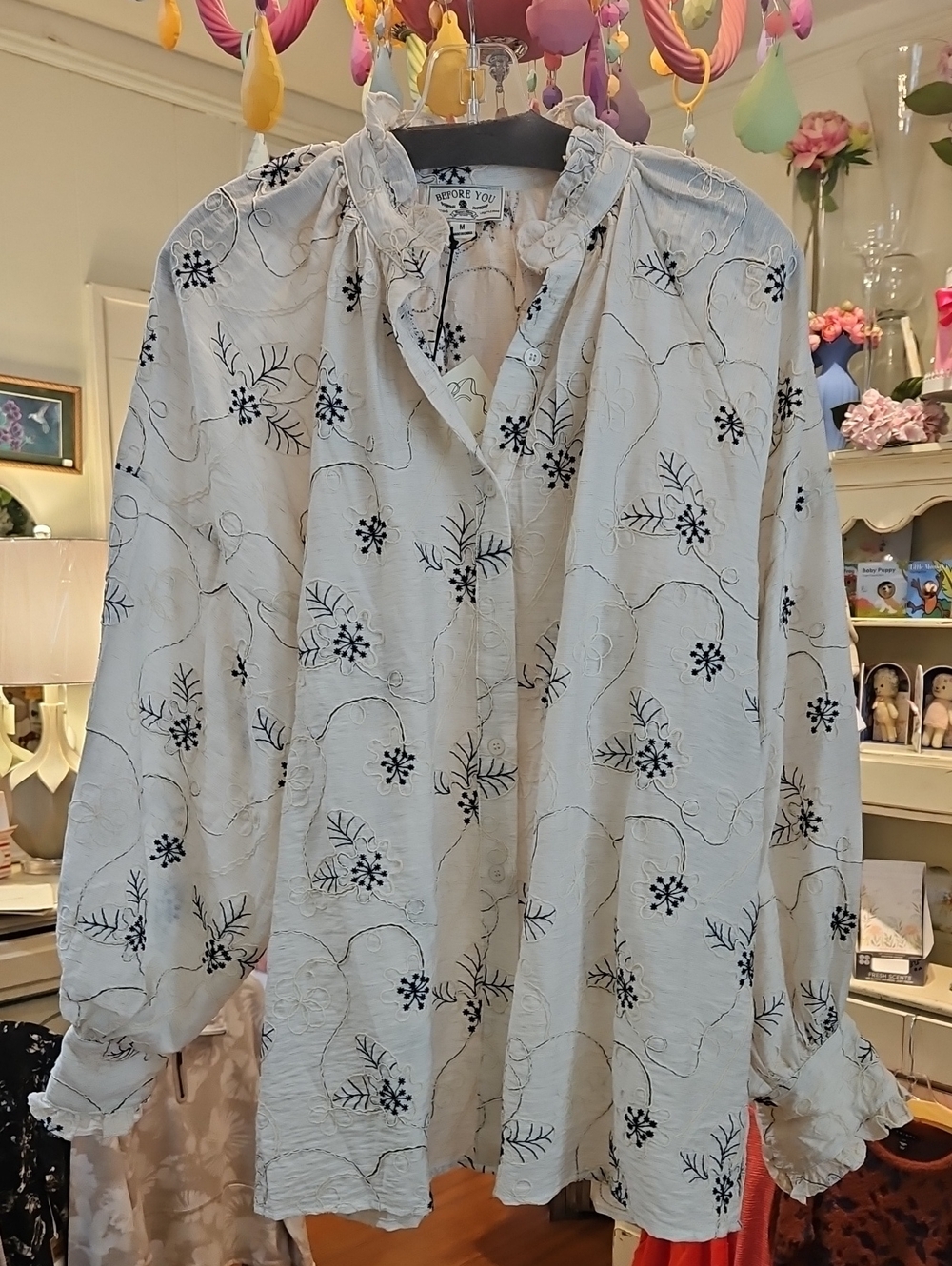 Ruffle-Neck White Embroidered Floral Blouse